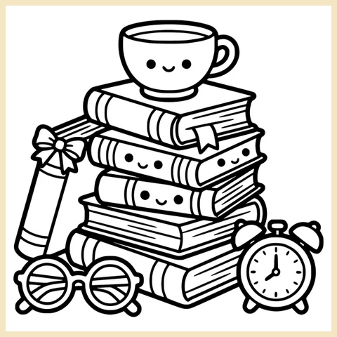 Coloring page from the book: a leaning tower of books with a teacup on top, reading glasses and an alarm clock