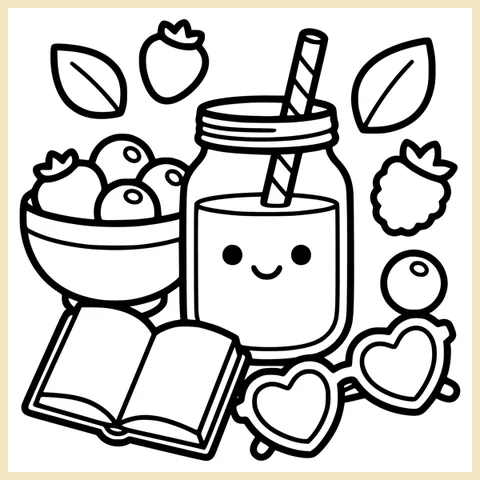 Coloring page from the book: a lemonade jar with a straw, a bowl of berries, an open book and heart sunglasses