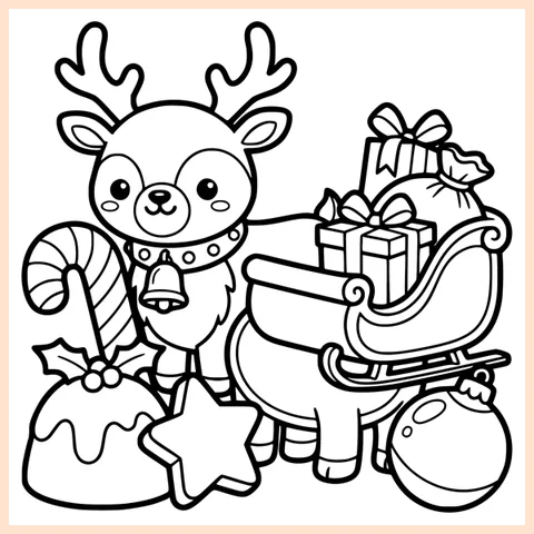 Coloring page from the book: a reindeer with a bell collar beside a sleigh full of gifts, a candy cane and a bauble