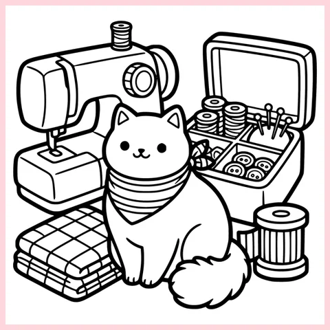 Coloring page from the book: the cat beside a sewing machine, a box of thread spools and a folded quilt