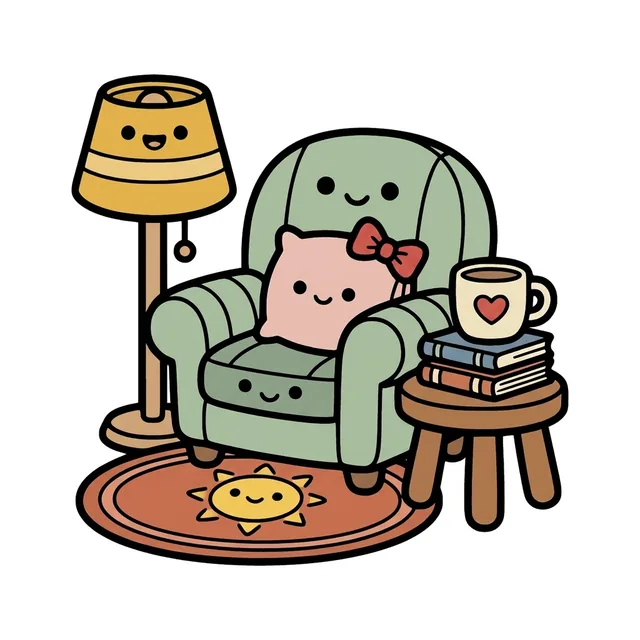 Colored example of a page from the book: a smiling armchair with a pink cushion, a floor lamp, books and a heart mug