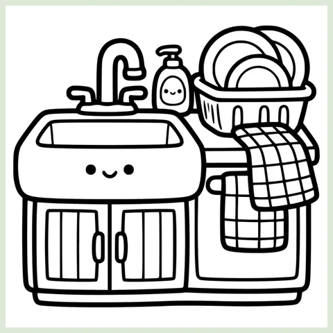 Coloring page from the book: a farmhouse sink with a dish rack, a soap bottle and a checked cloth