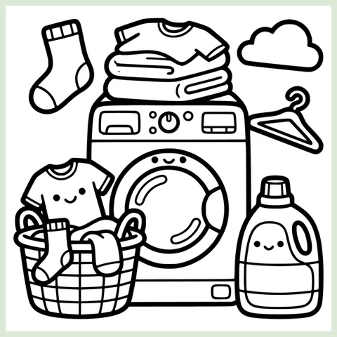 Coloring page from the book: a smiling washing machine with folded clothes, a laundry basket and a bottle