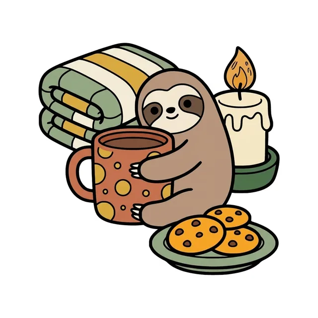 Colored example of a page from the book: a sloth hugging a huge polka-dot mug, with a striped blanket, a candle and cookies