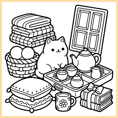Coloring page from the book: a cat beside a tea tray with a teapot and cups, folded blankets, yarn and a mug