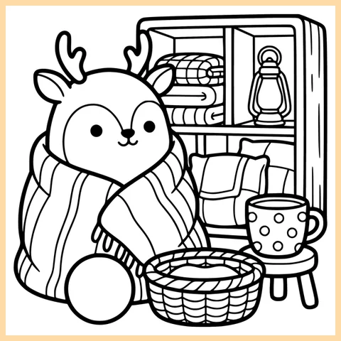 Coloring page from the book: a deer wrapped in a striped shawl beside a shelf with a lantern, a basket and a mug