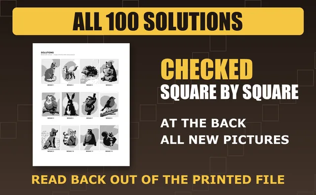 A solutions page with twelve finished mosaics drawn with one pen: all 100 solutions at the back