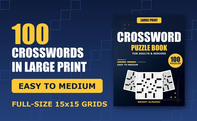 Book cover beside the words 100 crosswords in large print, easy to medium, full-size 15x15 grids