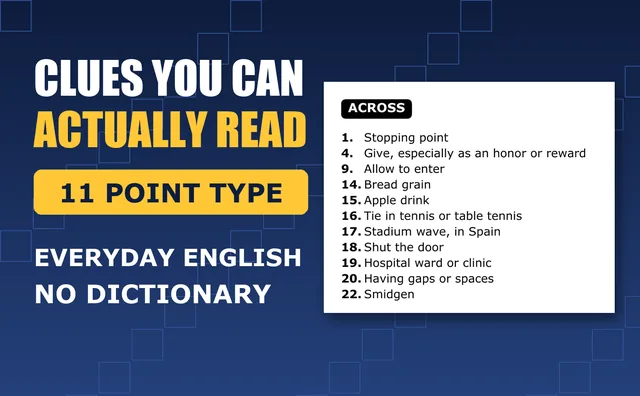 Close-up of the Across clues, printed at 11 point in everyday English