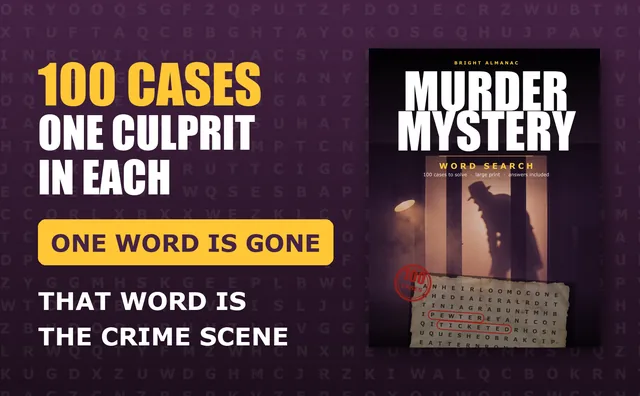 Book cover beside the words 100 cases, one culprit in each: one word is gone, and that word is the crime scene