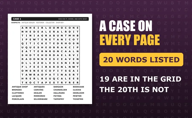 The first case page: its four suspects, a 15x15 letter grid and the 20-word list