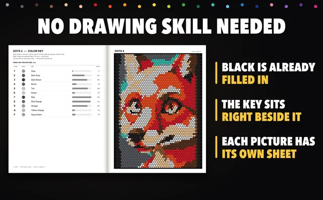 An open spread with the color key on the left and a fox picture being colored on the right