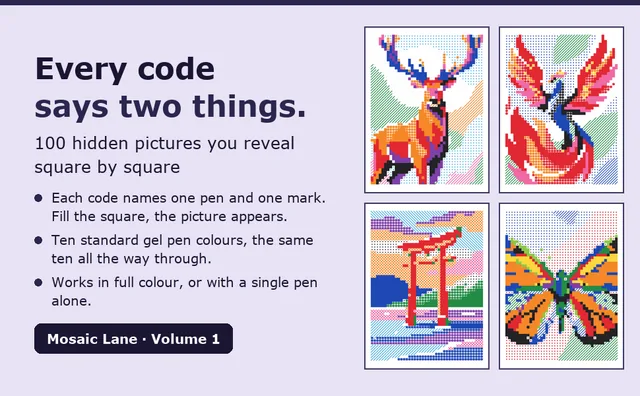 Four finished mosaics from the book, a deer, a phoenix, a torii gate and a butterfly, next to the words: every code says two things