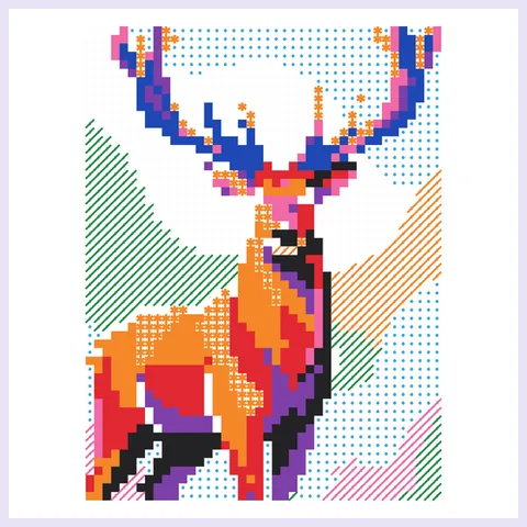 A finished color by code mosaic of a deer in blue, orange, red and purple