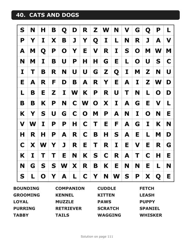Puzzle 40, Cats and Dogs: the full page with the grid above its word list